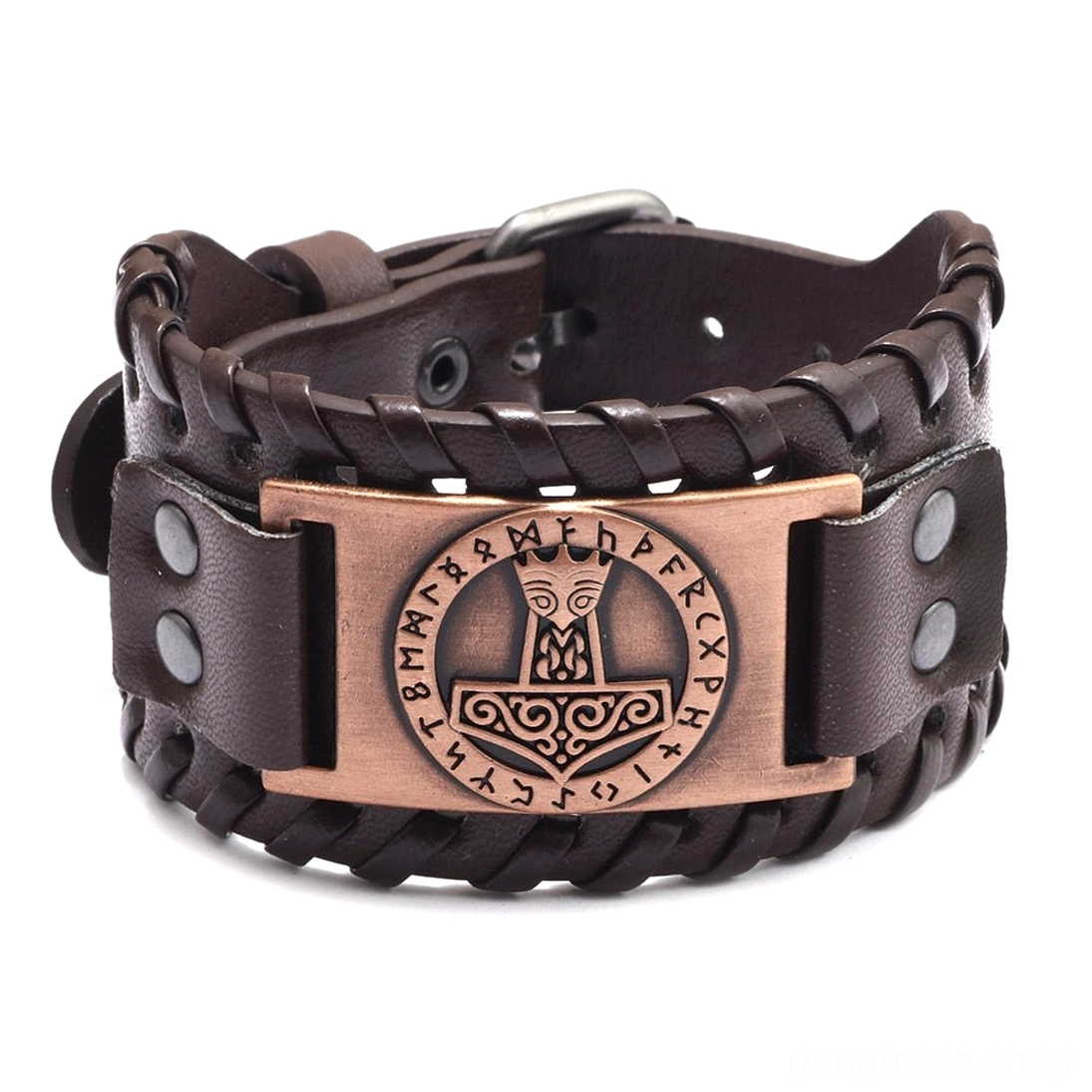 Seitenansicht des handgefertigten Wikinger Leder Armbands mit Mjölnir