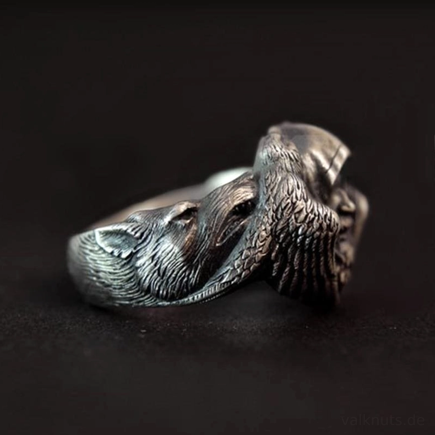 Seitenansicht Wikinger Ring Odin mit Raven und Wolf Motiven