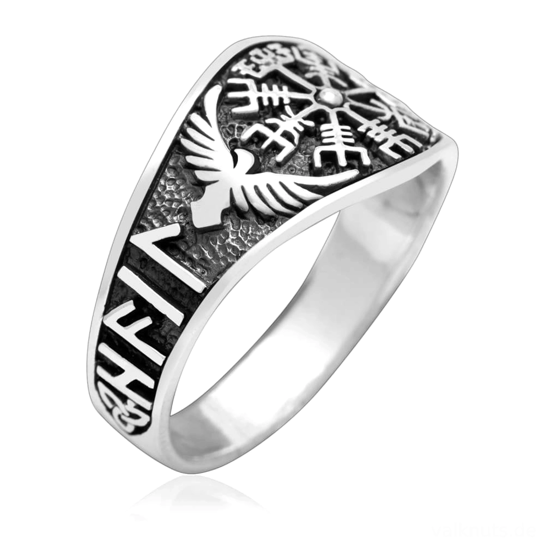 Seitenansicht des Wikinger Ring Vegvisir mit Odins Raven in Silber