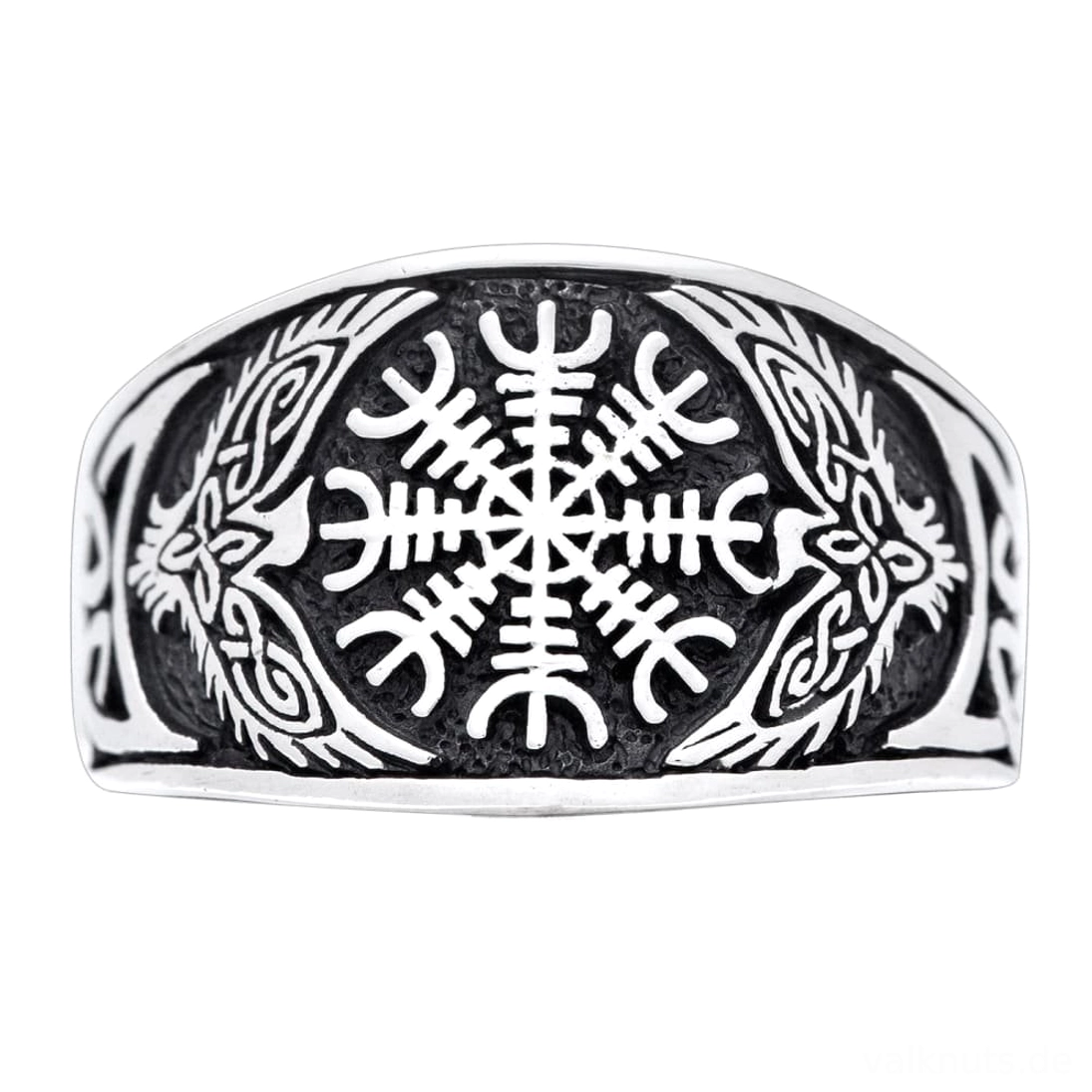 Silberfarbener Wikinger Ring mit Aegishjalmur und Raben