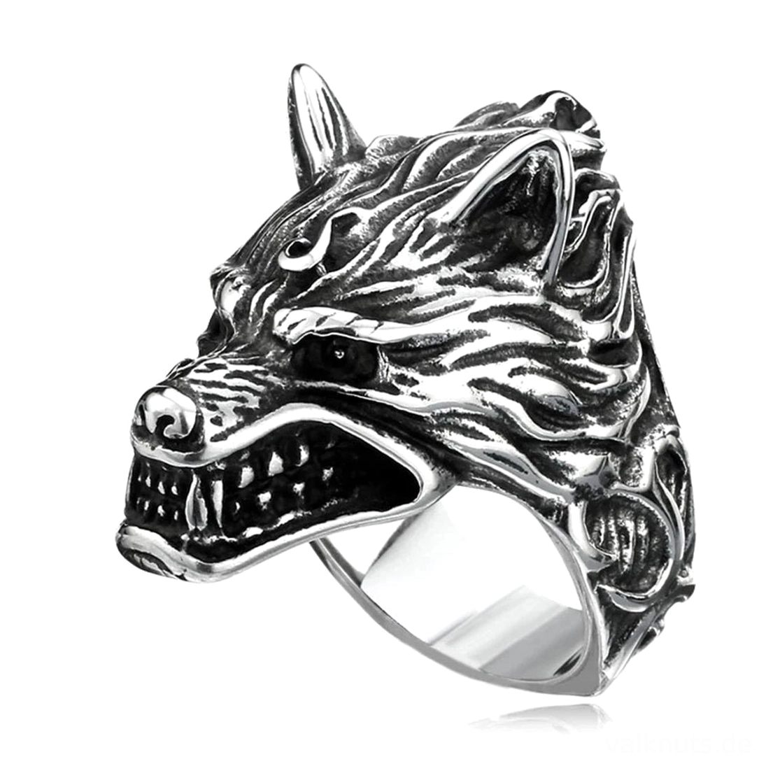 Silberfarbener Wikinger Ring mit Wolfskopf, Symbol der nordischen Mythologie