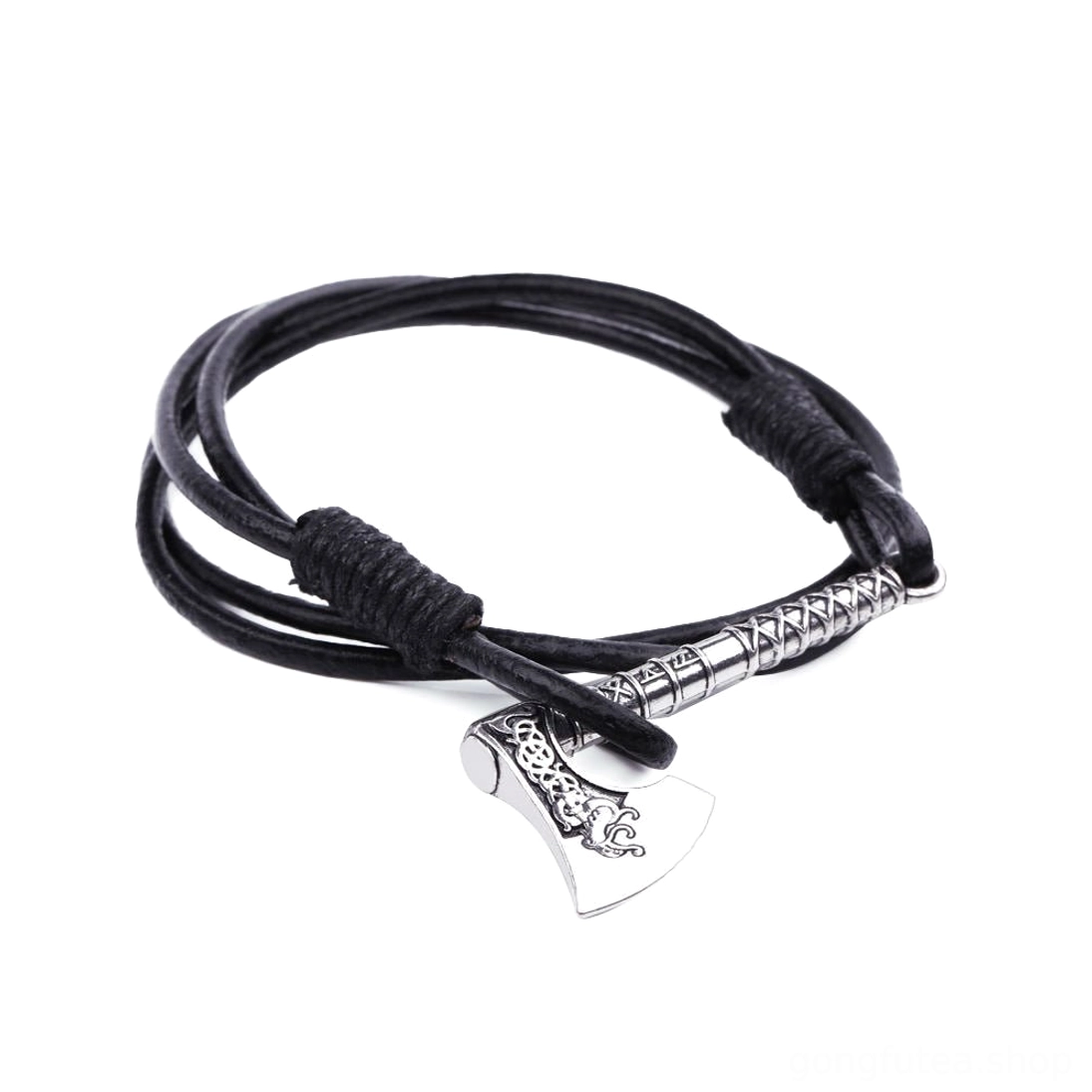 Silberne Wikinger Axt an schwarzem Glattleder Wikinger Armband