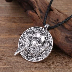 Wikinger Halskette mit Odins Raben Huginn und Muninn, silberner Wikinger Anhänger mit Runen