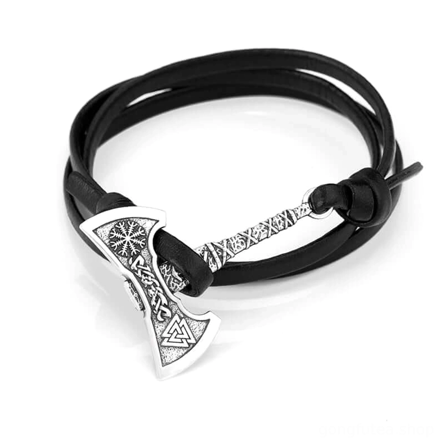 Silberne Wikinger Streitaxt Armband aus Leder für Wikinger Liebhaber
