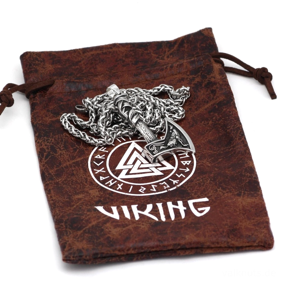 Silberne Wikinger Wolf Kette mit Wolf und Rabe Motiv auf der Axt