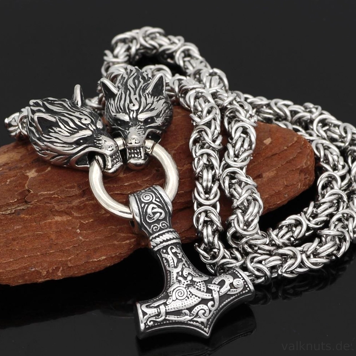 Silberne Wolf Kette Thors Hammer Wikinger Kette mit Mjolnir und Wolfsköpfen