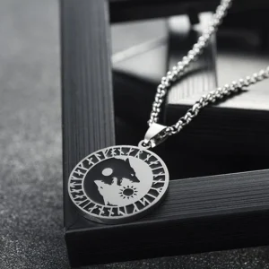 Viking Wolf Kette Skoll und Hati, Doppelwolf Design mit Sonne und Mond