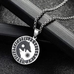 Skoll und Hati Wolf Kette mit Runenkreis aus Edelstahl, Wikinger Schmuck