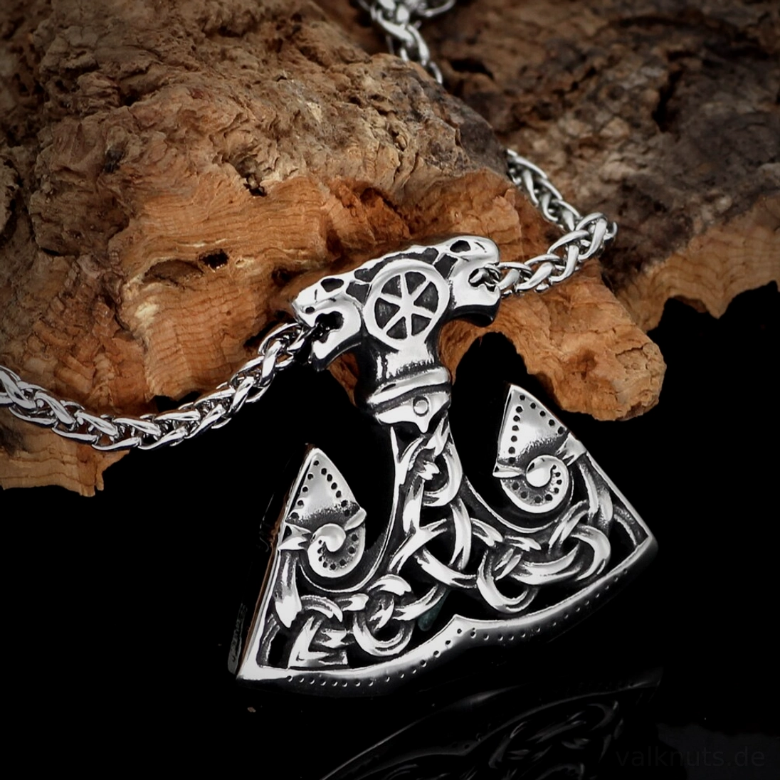 Thors Hammer Axt Kette mit Wikinger Tierkopf Symbolik aus silbernem Edelstahl