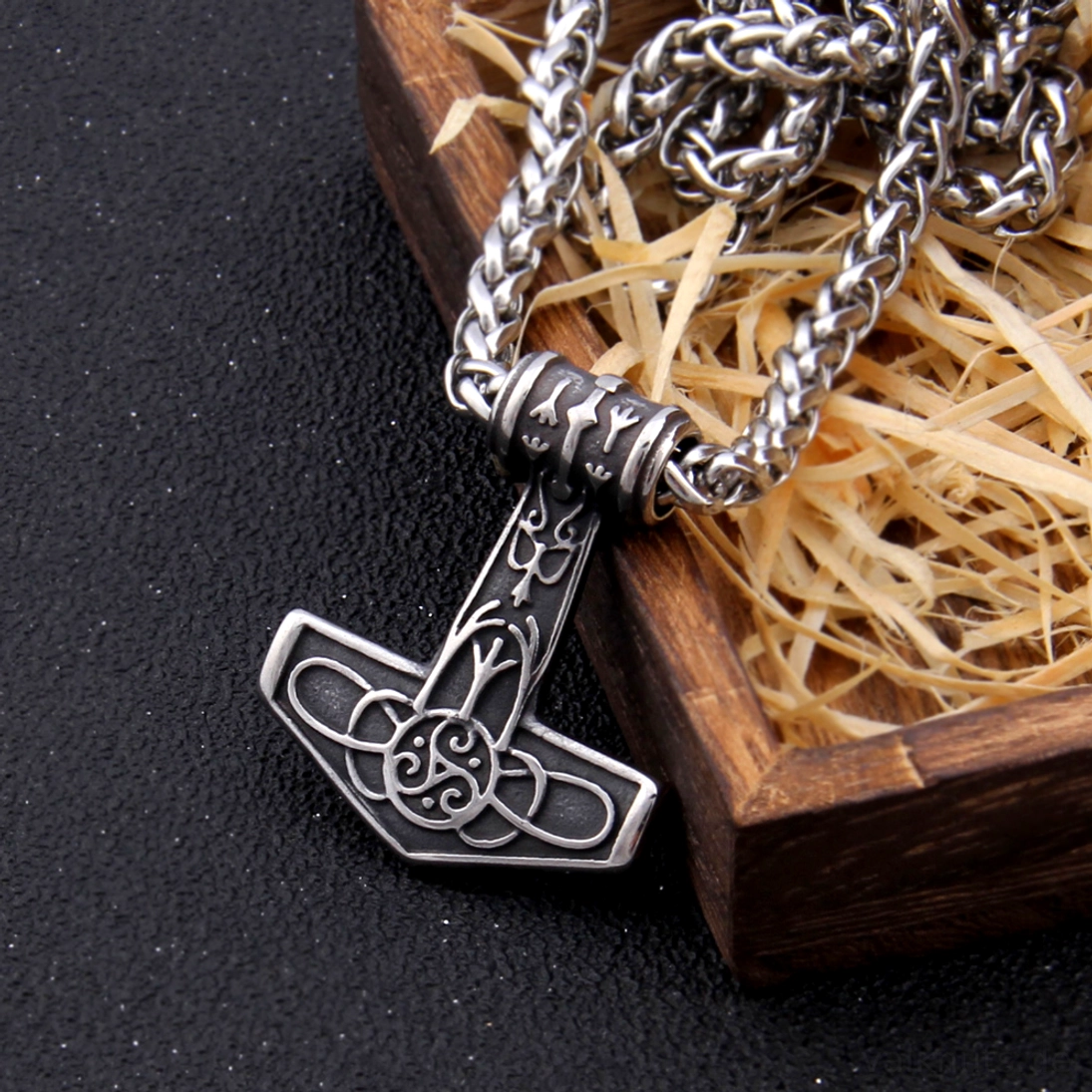 Thors Hammer Kette mit Algiz Rune, silberfarbenes Wikinger Amulett