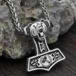 Thors Hammer Kette mit Bärenkopf Motiv Wikinger Amulett aus Edelstahl