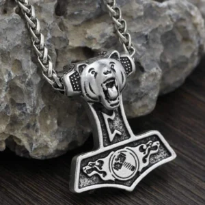 Thors Hammer Kette mit Bärenkopf Motiv Wikinger Amulett aus Edelstahl
