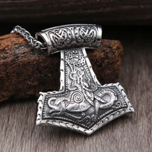 Handgefertigte Thors Hammer Kette mit Drachenverzierung, antik silbernes Wikinger Amulett
