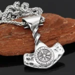 Thors Hammer Kette aus Edelstahl mit Vegvisir Runen und Valknut