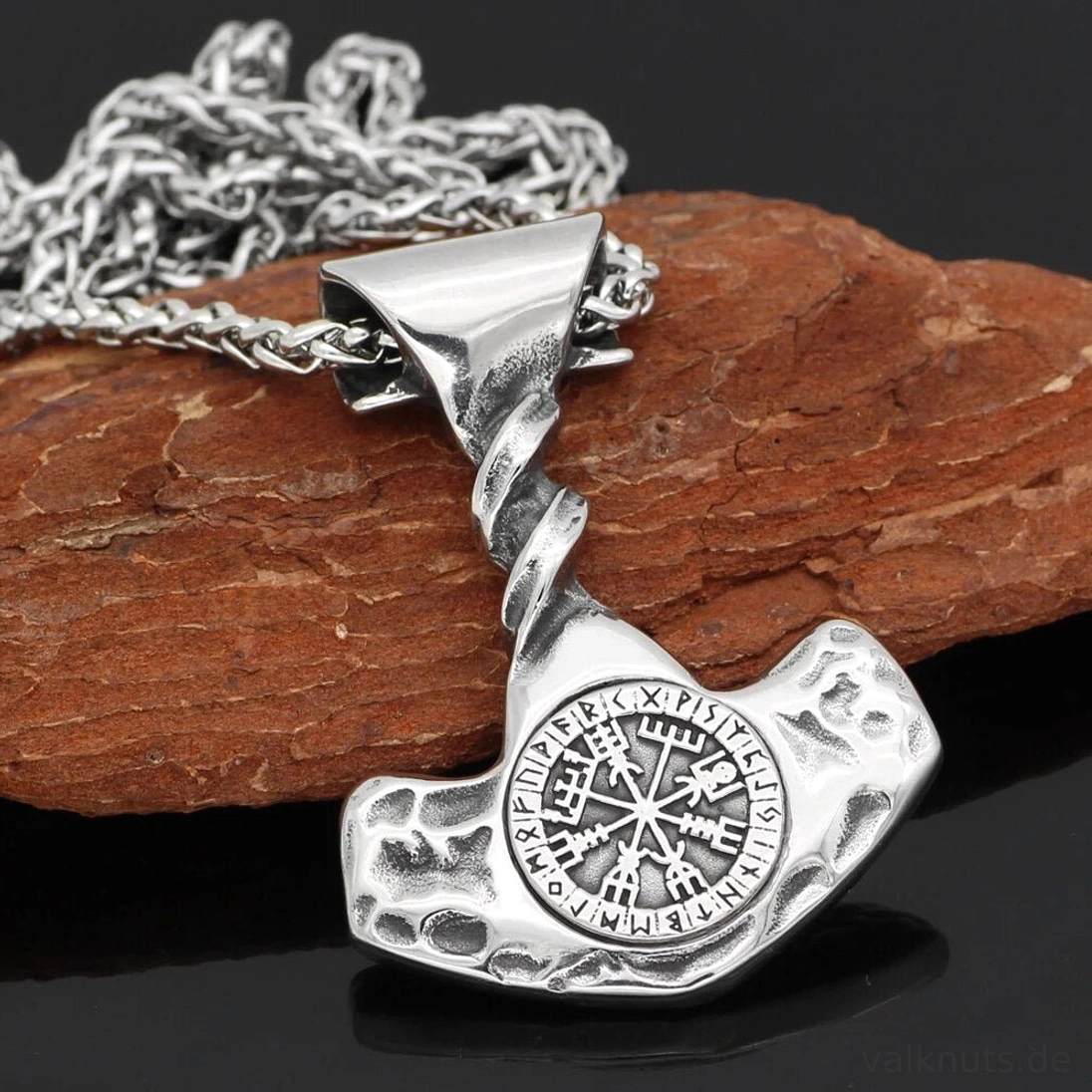Thors Hammer Kette aus Edelstahl mit Vegvisir Runen und Valknut