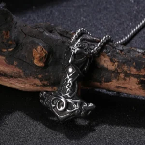 Thors Hammer Kette Einherjer, handgefertigte Wikinger Halskette aus Edelstahl mit traditionellen nordischen Mustern
