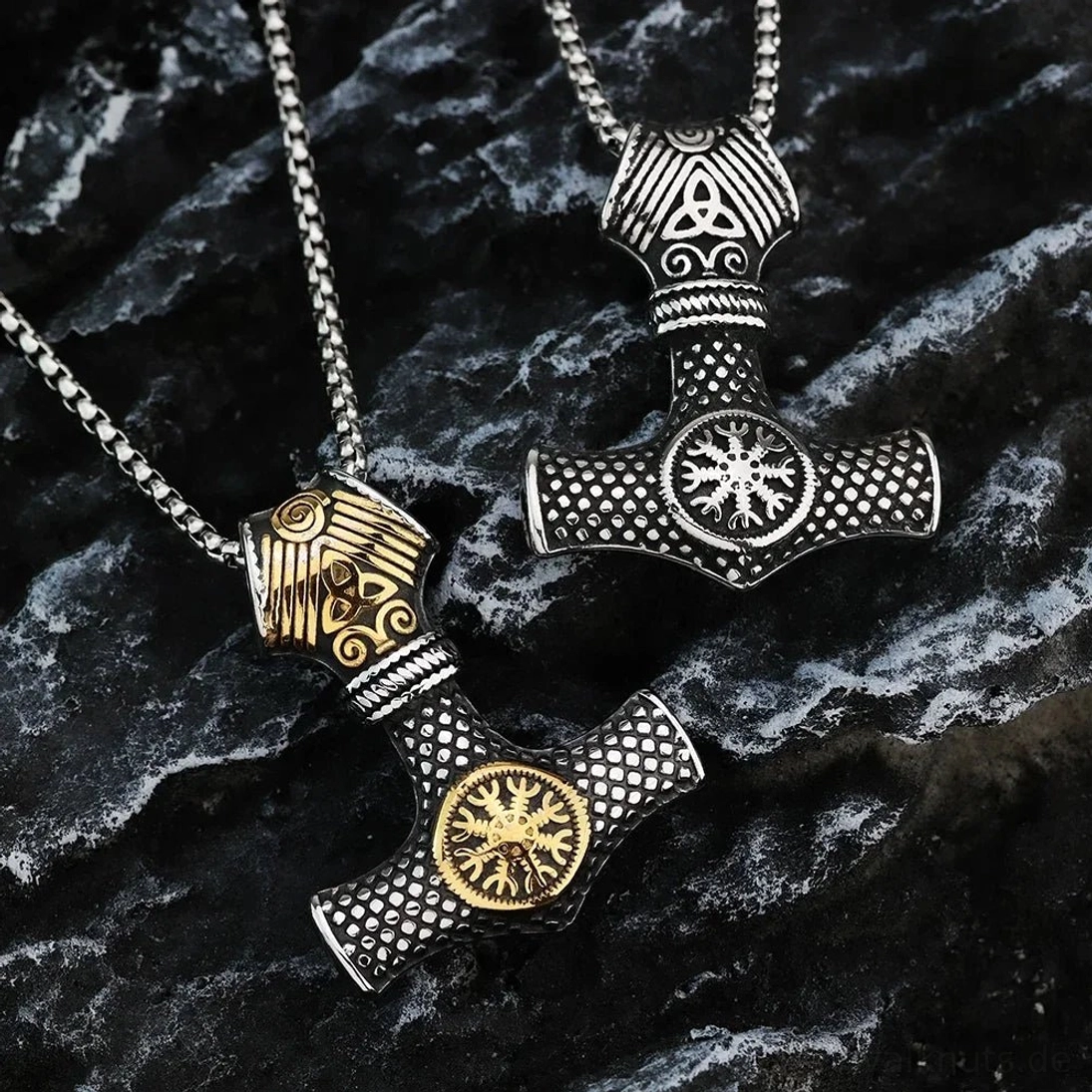 Gold akzentuierte Variante der Thors Hammer Kette Wikinger Schmuck