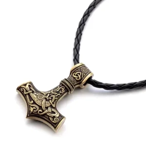 Thors Hammer Kette Gold mit Drachenknoten Wikinger Amulett Nahaufnahme