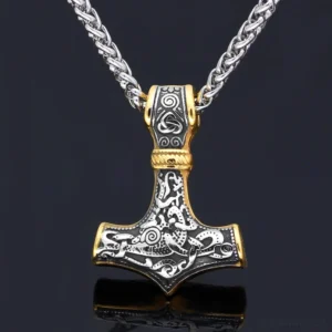 Thors Hammer Kette Gold, Mjolnir Wikinger Amulett aus 316L Edelstahl mit traditioneller Gravur