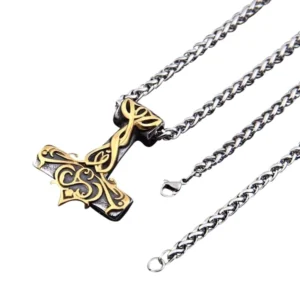 Thors Hammer Kette goldfarben mit Wikinger Ornamenten aus Edelstahl