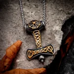 Thors Hammer Kette mit goldenen Akzenten und keltischen Knoten, Wikinger Mjölnir Halskette aus Edelstahl