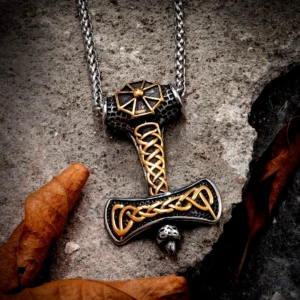 Thors Hammer Kette mit goldenen Akzenten und keltischen Knoten, Wikinger Mjölnir Halskette aus Edelstahl
