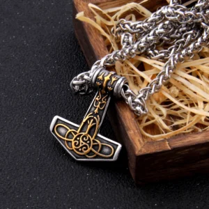 Thors Hammer Kette goldene Algiz Rune Wikinger Amulett aus Edelstahl