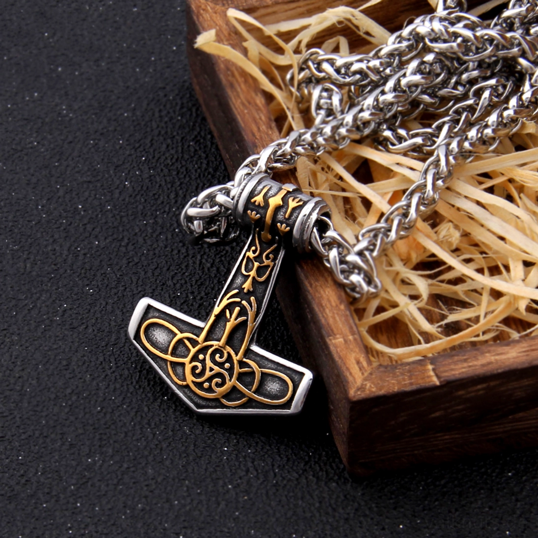 Thors Hammer Kette goldene Algiz Rune Wikinger Amulett aus Edelstahl