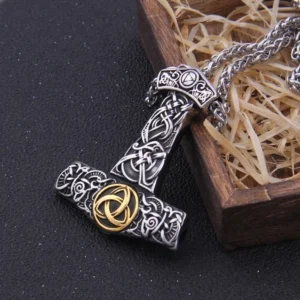 Thors Hammer Kette mit goldenem Triquetra, Wikinger Amulett aus Edelstahl