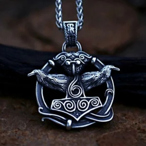 Thors Hammer Kette mit Hugin und Munin aus Edelstahl, Wikinger Amulett Schmuck
