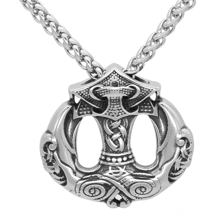Thors Hammer Kette mit Huginn und Muninn, Wikinger Amulett aus Edelstahl