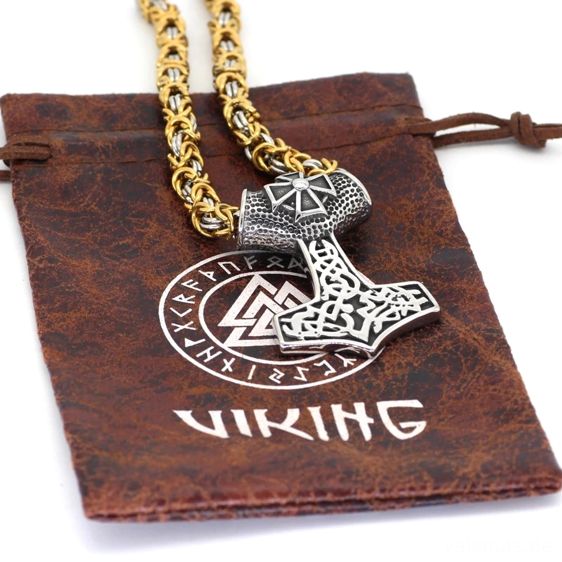Thors Hammer Kette geliefert in wikingerischer Geschenktasche mit Valknut Symbol