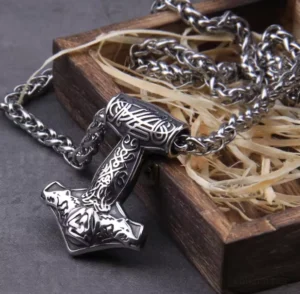 Thors Hammer Kette mit Geri und Freki Wikinger Amulett aus Edelstahl