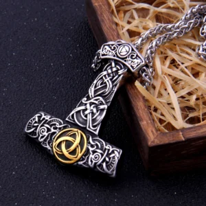 Thors Hammer Kette mit goldenem Triquetra, silberner Wikinger Mjölnir Amulett Kette