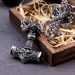 Thors Hammer Kette mit Knotendrache Gravur aus Edelstahl, Wikinger Schmuck