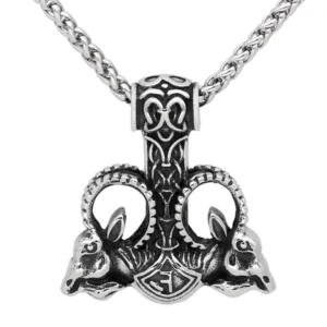 Thors Hammer Kette mit zwei Widderköpfen, Wikinger Amulett aus 316L Edelstahl