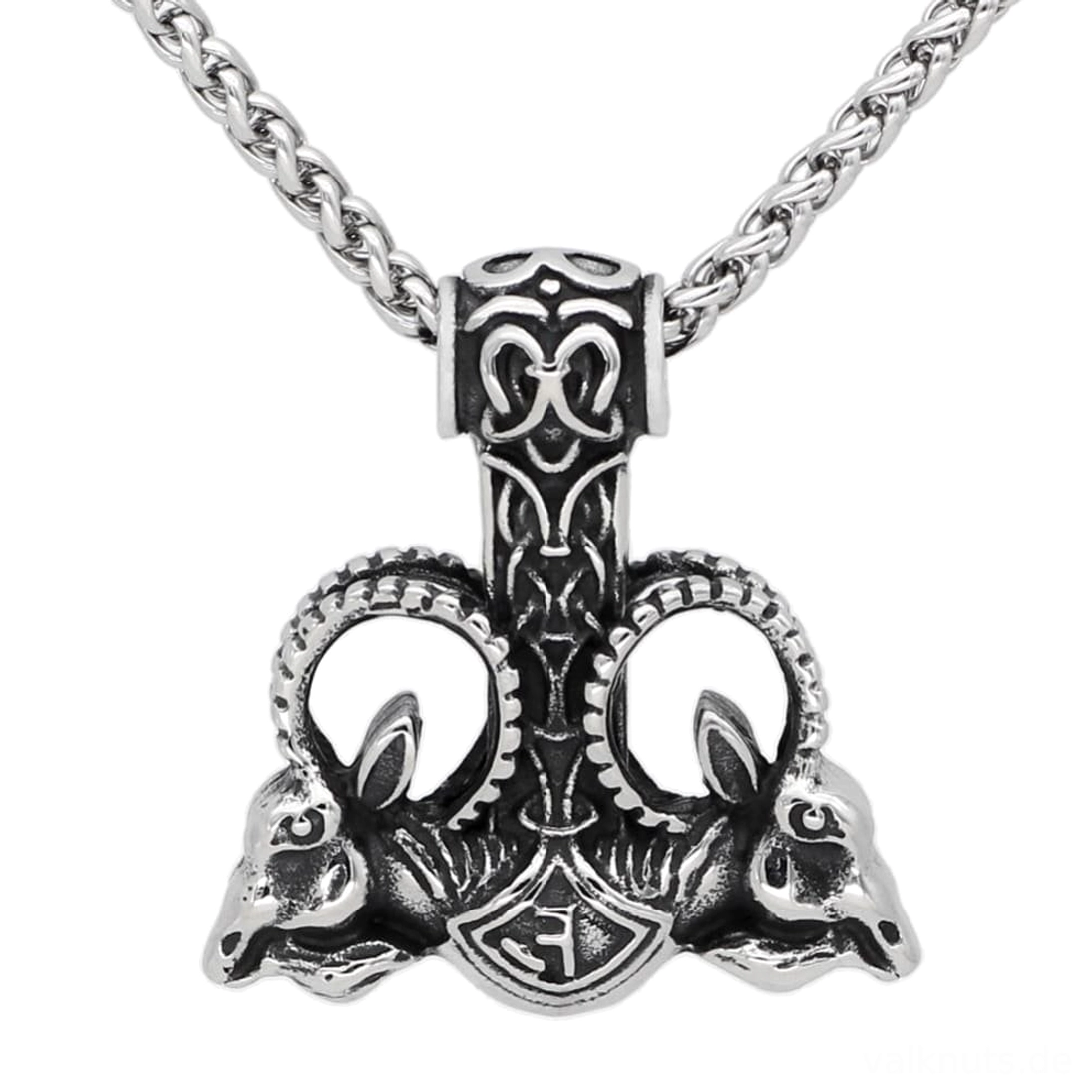 Thors Hammer Kette mit zwei Widderköpfen, Wikinger Amulett aus 316L Edelstahl