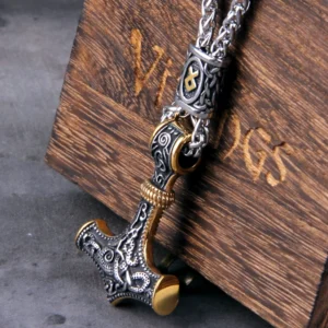 Thors Hammer Kette mit goldener Othala Rune aus Edelstahl, Wikinger Amulett