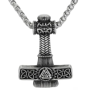 Thors Hammer Kette mit Valknut aus Edelstahl, authentisches Wikinger Amulett