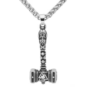 Thors Hammer Kette mit Valknut Symbol aus Edelstahl, detailreiche Ansicht des Wikinger Amuletts