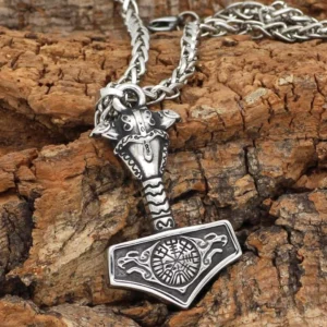 Thors Hammer Kette mit Vegvisir und Odins Raben, silberner Wikinger Anhänger aus Edelstahl