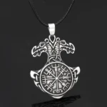 Thors Hammer Kette mit Vegvisir, Wikinger Amulett mit Runen und Drachen Motiv