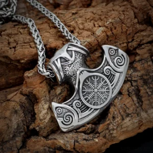 Thors Hammer Kette mit Vegvísir Wikinger Schmuck Silber Edelstahl