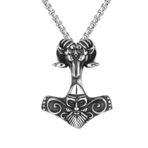 Thors Hammer Kette mit Widderkopf Wikinger Mjölnir Amulett aus Edelstahl