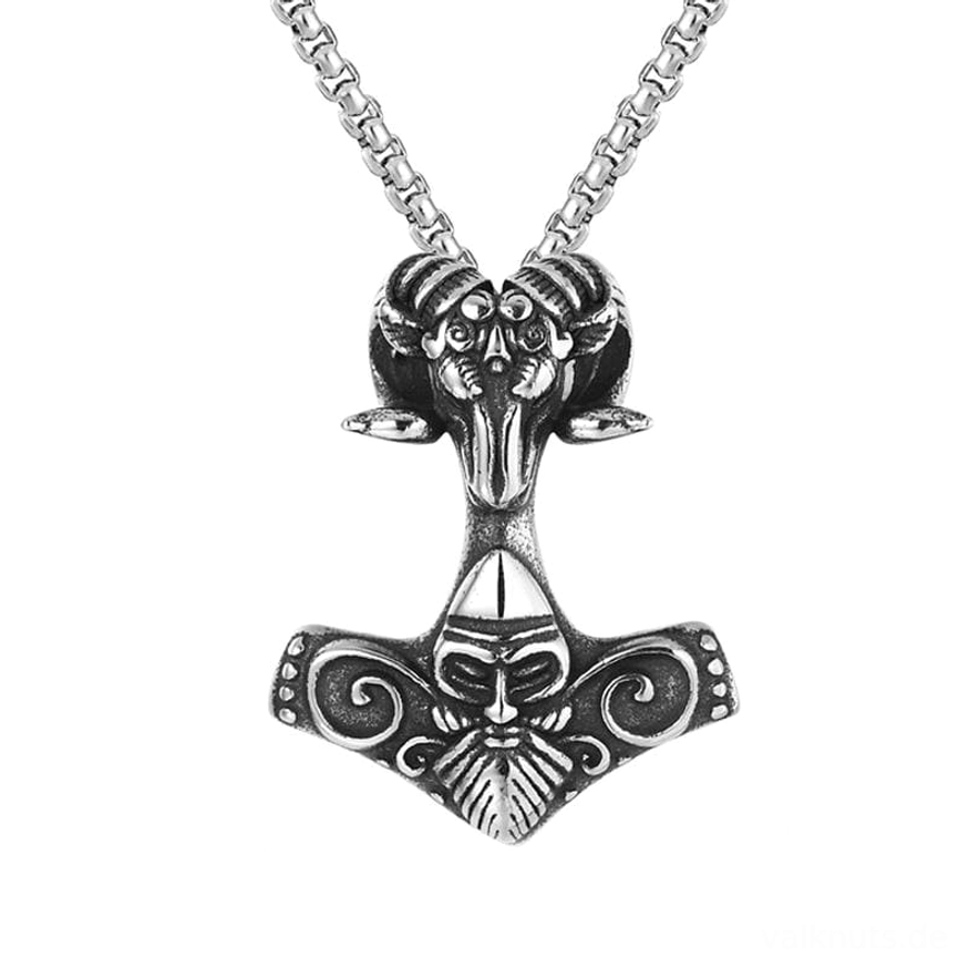 Thors Hammer Kette mit Widderkopf Wikinger Mjölnir Amulett aus Edelstahl