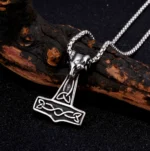 Thors Hammer Kette mit Ziegenkopf, silberner Wikinger Anhänger aus Edelstahl