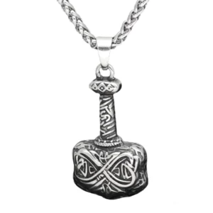 Thors Hammer Kette aus 316L Edelstahl, Mjölnir Wikinger Amulett mit traditionellen Gravuren