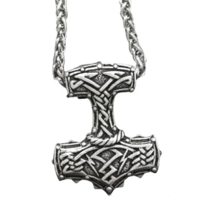 Massive Thors Hammer Kette mit Wikingerknoten Muster, Mjölnir Amulett aus 316L Edelstahl