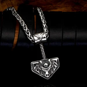 Handgefertigte Thors Hammer Kette mit Widder Motiv aus Edelstahl, Wikinger Amulett