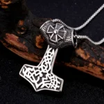 Thors Hammer Kette mit verzierten Ornamenten aus Edelstahl, Wikinger Amulett